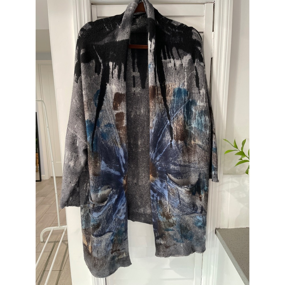 Avant Toi Womens Medium Cashmere Grey Liapull Liquid Art Cardigan Made in Italy